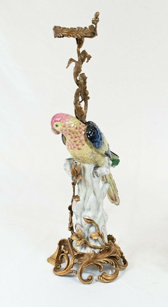 photo for sale Pair French Parrot Candelabras Porcelain Bird Candlesticks