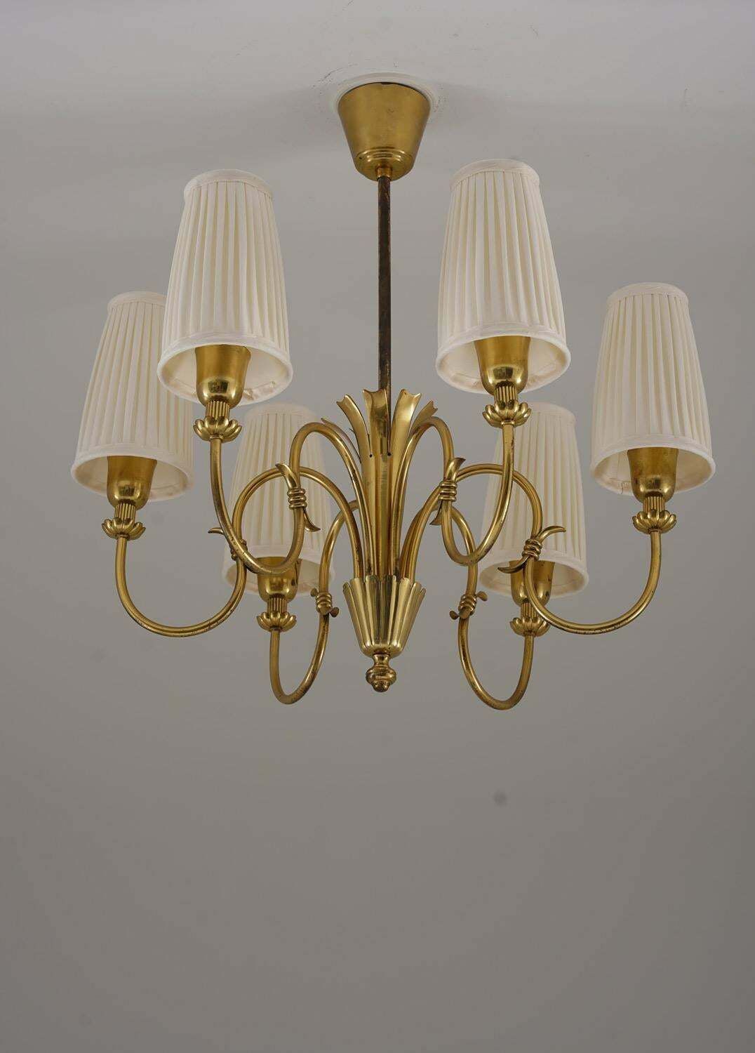 Swedish Modern Chandelier By Böhlmarks In Brass And Wood, 1940s photo for sale