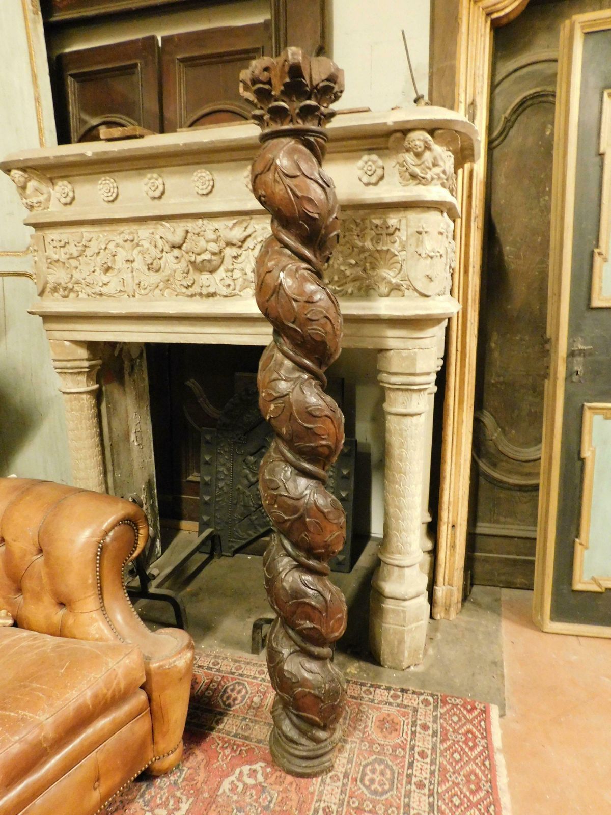 Column In Dark Brown Walnut Wood, Hand Sculpted With A Twisted Shape, Italy photo furniture