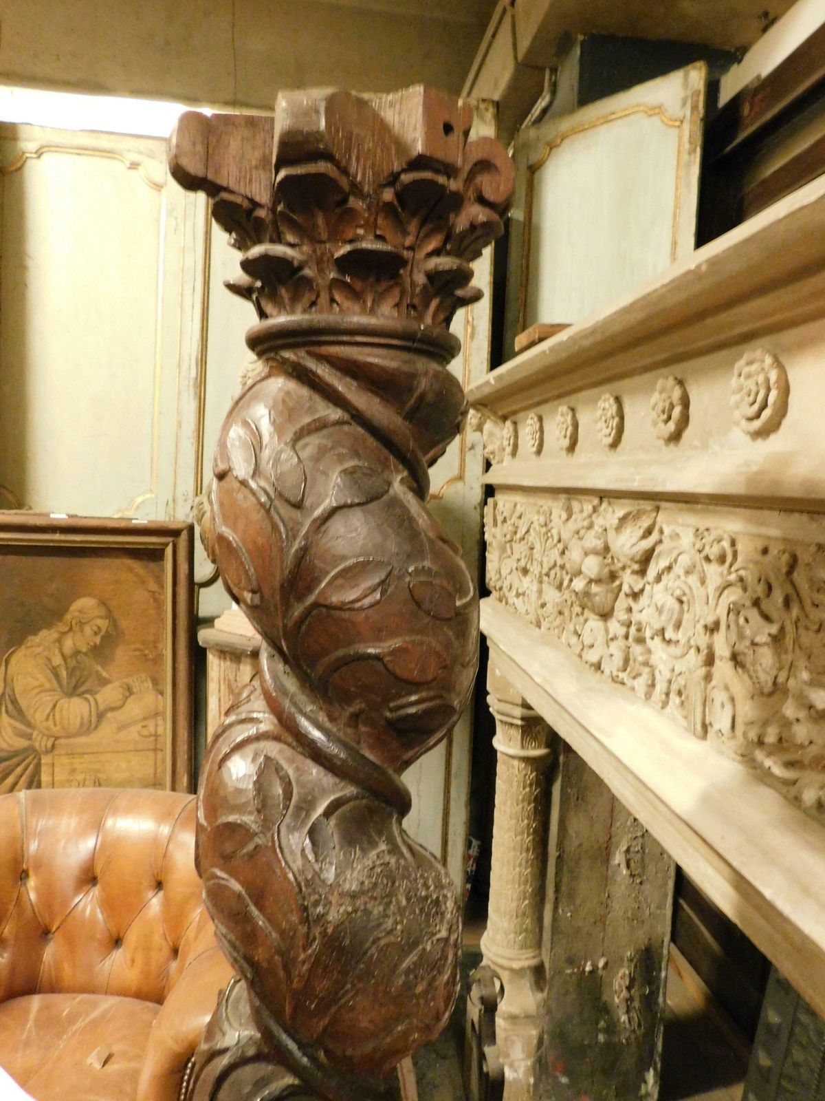 Column In Dark Brown Walnut Wood, Hand Sculpted With A Twisted Shape, Italy photo vinterior