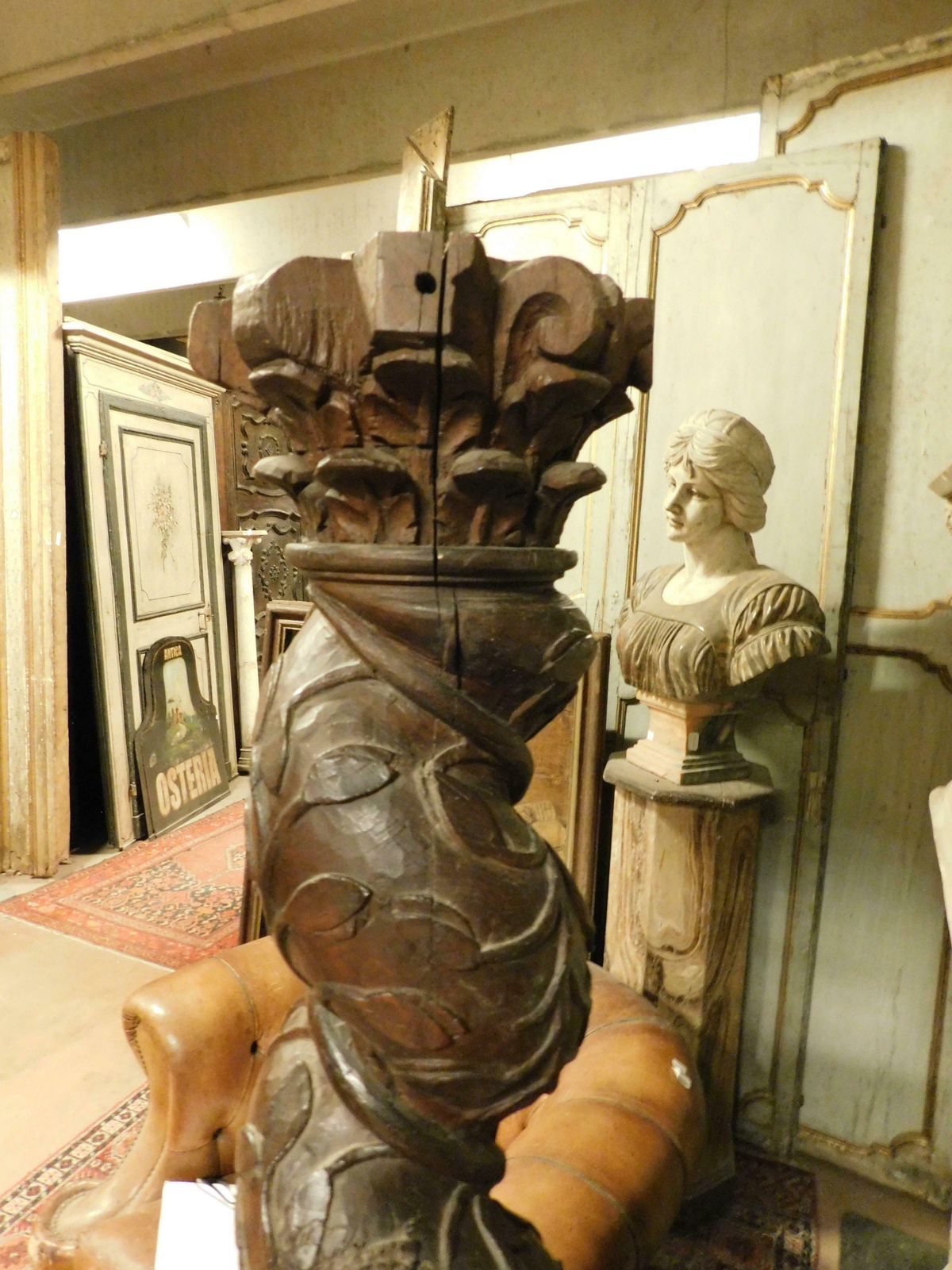 Column In Dark Brown Walnut Wood, Hand Sculpted With A Twisted Shape, Italy photo vintage