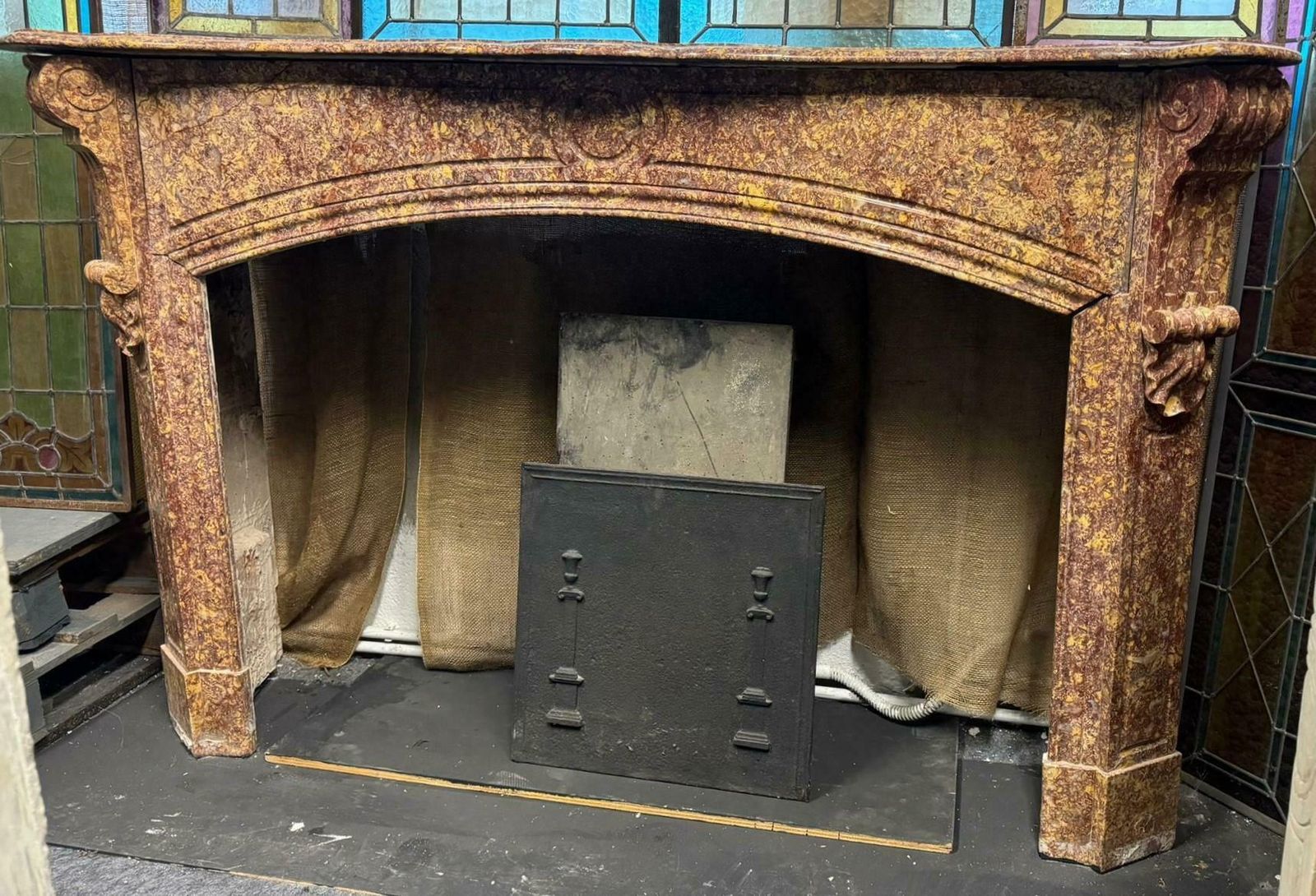 Fireplace Mantle In Red Marble Breccia Pernice, Italy photo for sale