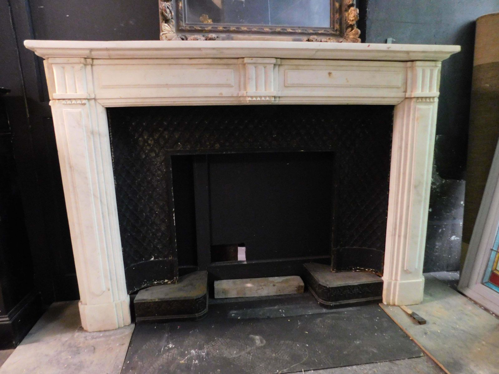 Fireplace Mantle In White Carrara Marble With Gray Veins, Italy photo for sale