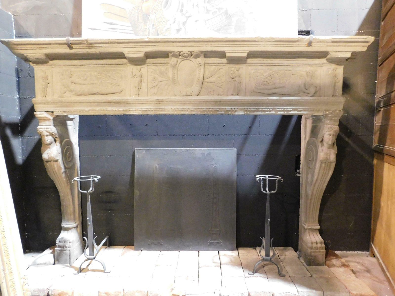 Majestic Monumental Fireplace In Pietra Serena, Carved In All Parts, Italy photo Home Fixtures