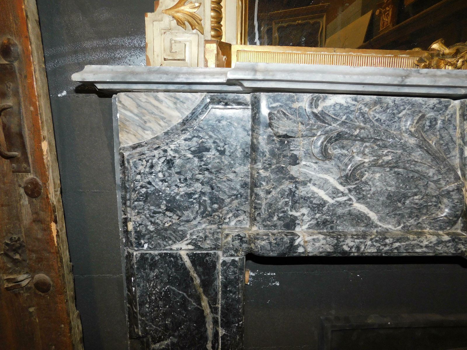 Fireplace Mantle In Fine Gray Marble With White Veins, Carved, Italy photo buy