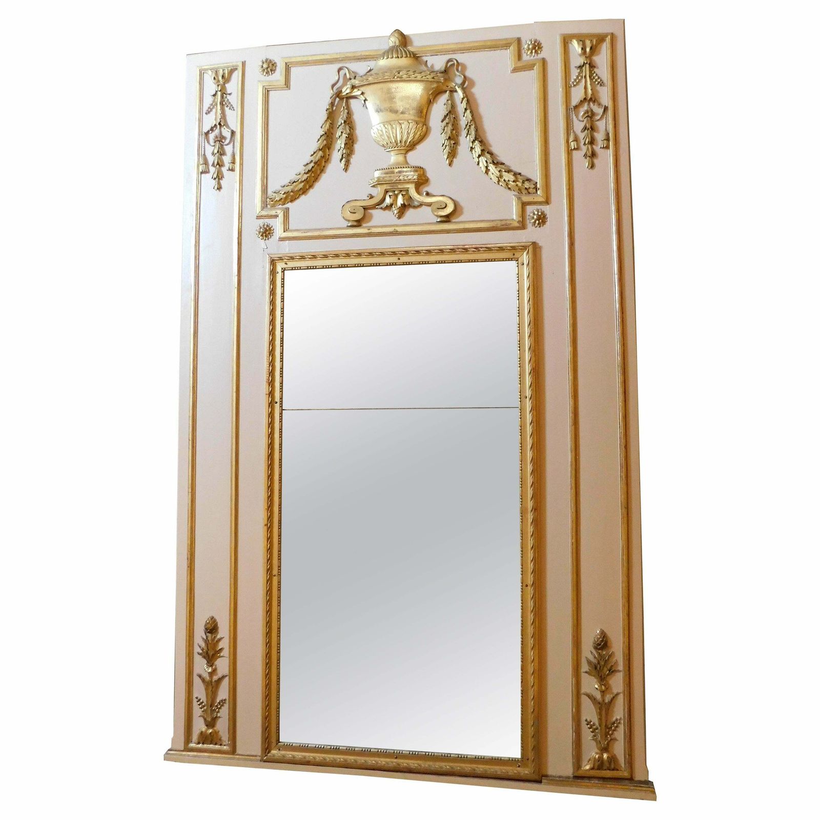 Large White Lacquered Wooden Mirror With Golden Decorations, Very High, France