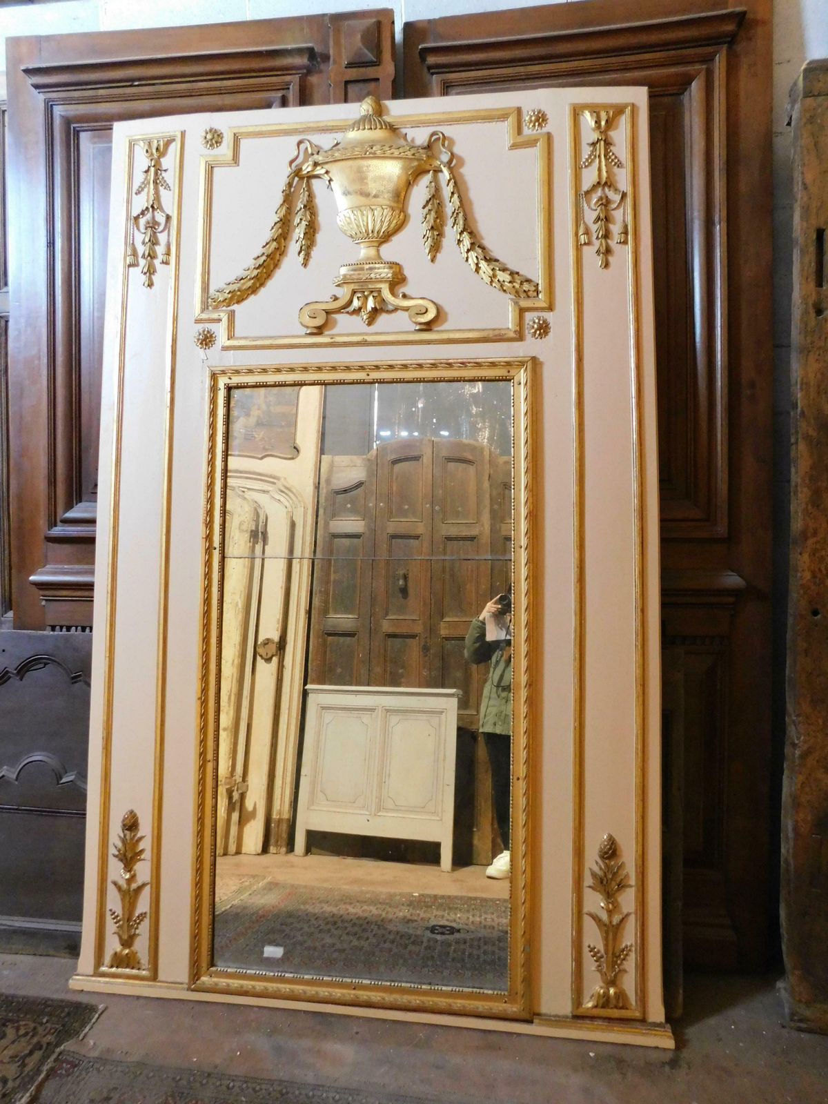Large White Lacquered Wooden Mirror With Golden Decorations, Very High, France photo furniture