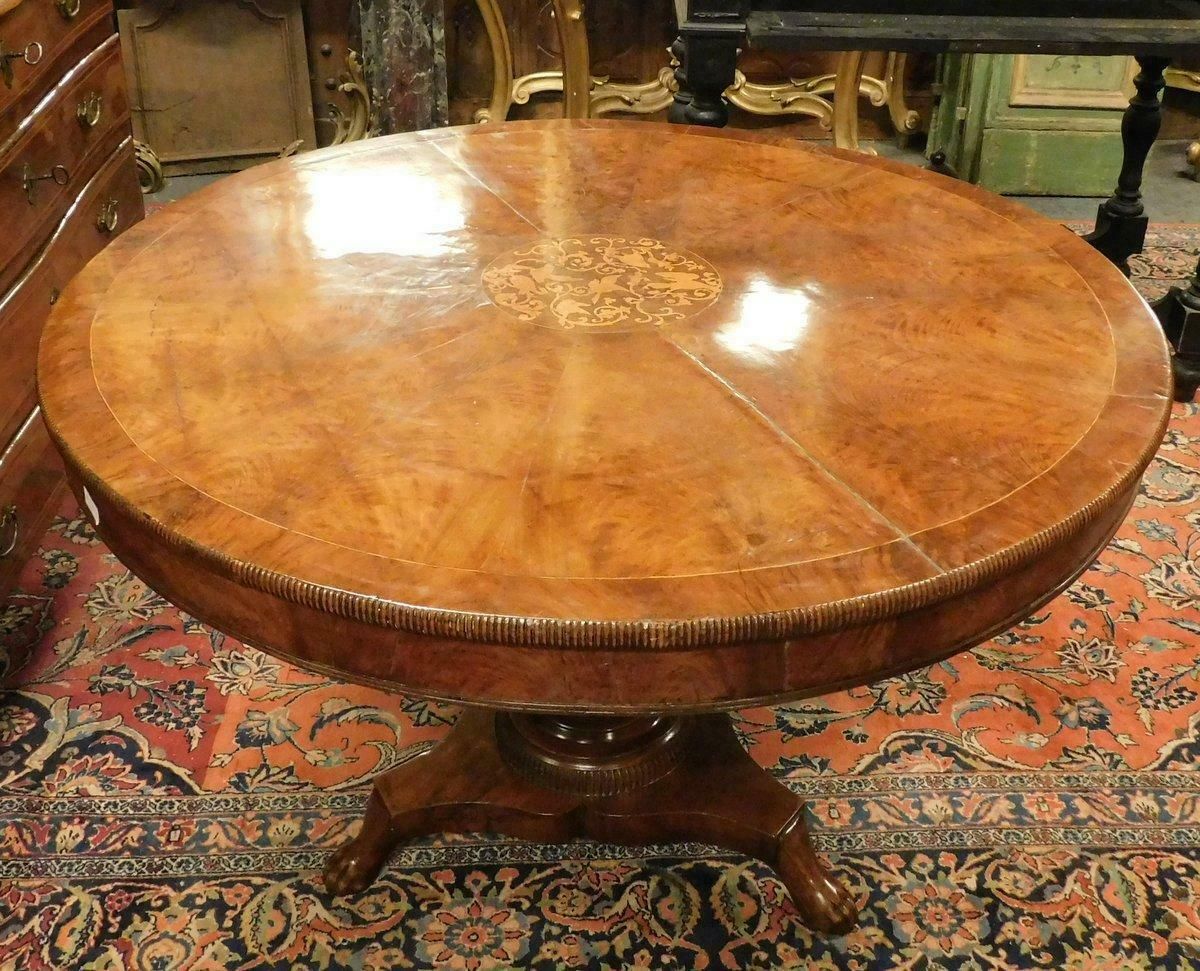Round Walnut Center Table With Inlay, Carved Leg, Italy photo furniture