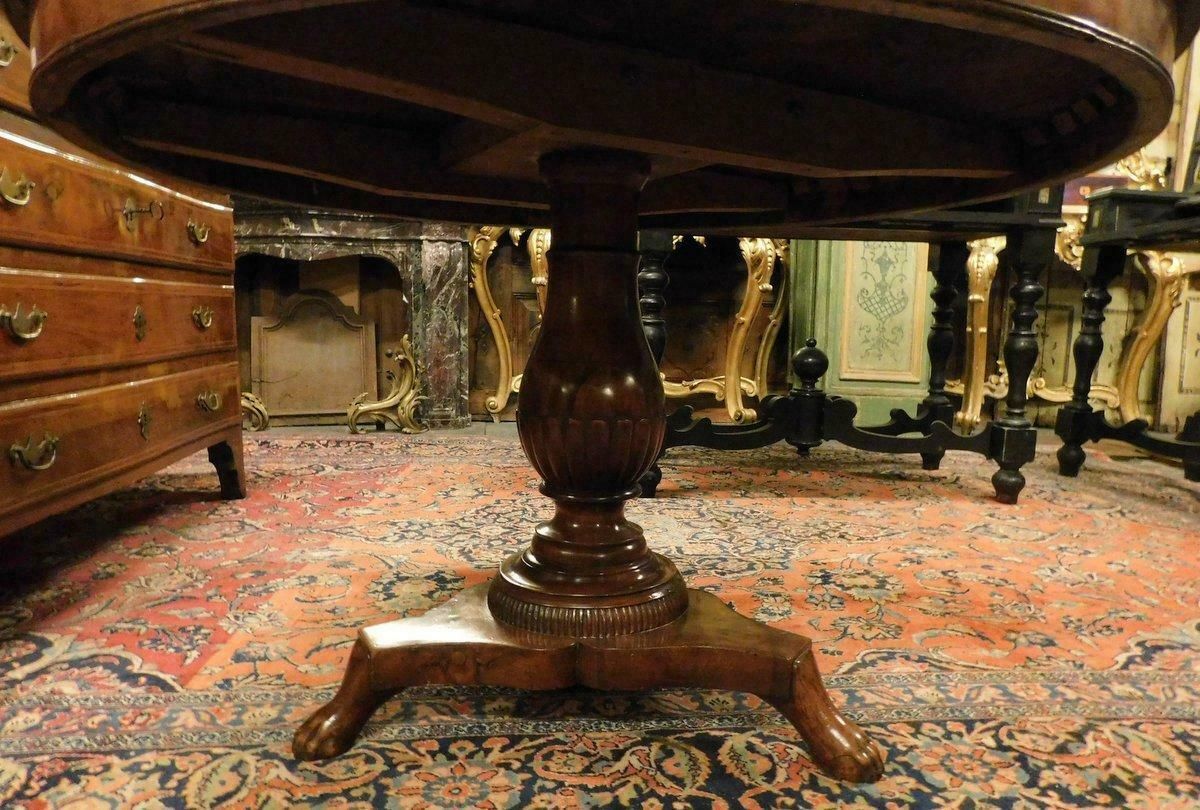 Round Walnut Center Table With Inlay, Carved Leg, Italy photo for sale