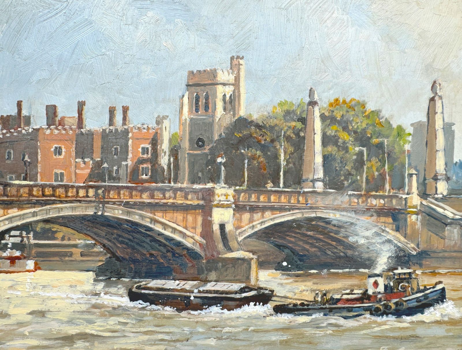 Bert Wright P.P.R.S.M.A (B.1930) Original Signed Oil Painting ‘River Thames, Lambeth Bridge And Palace’ photo vintage
