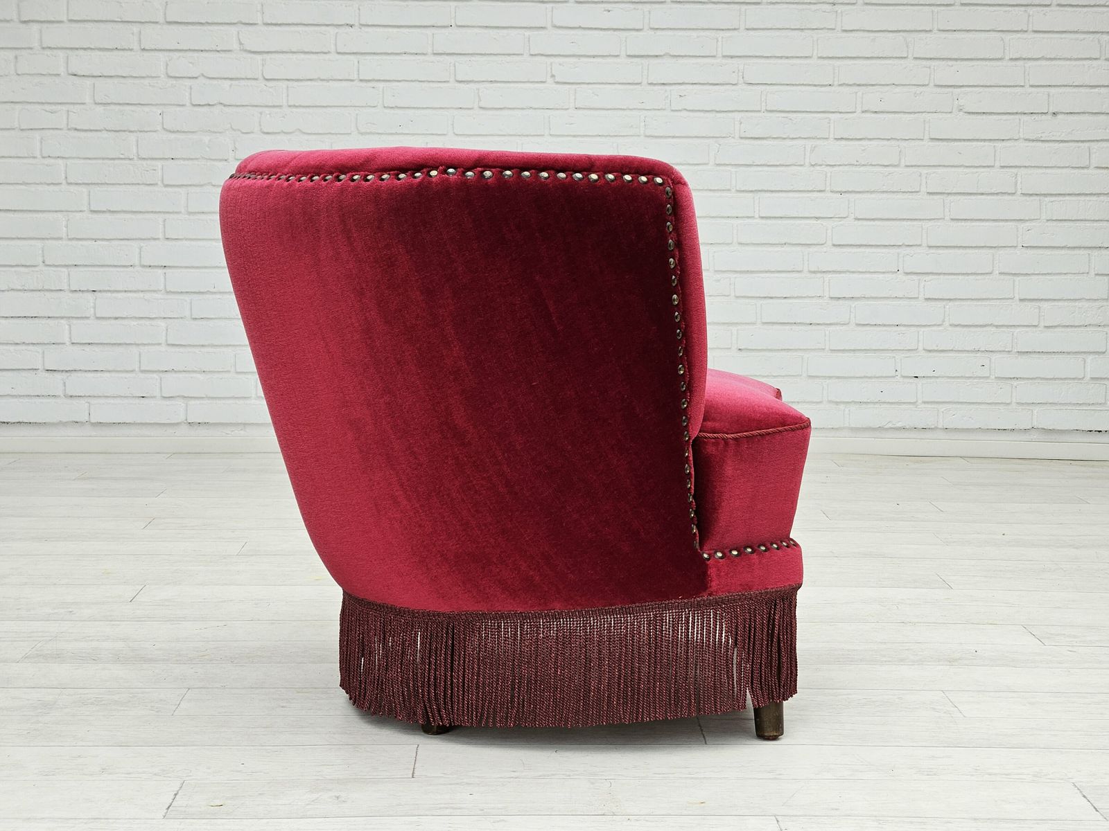 1970s, Danish Lounge Chair, Original Condition, Cherry Red Velour Fabric. photo for sale