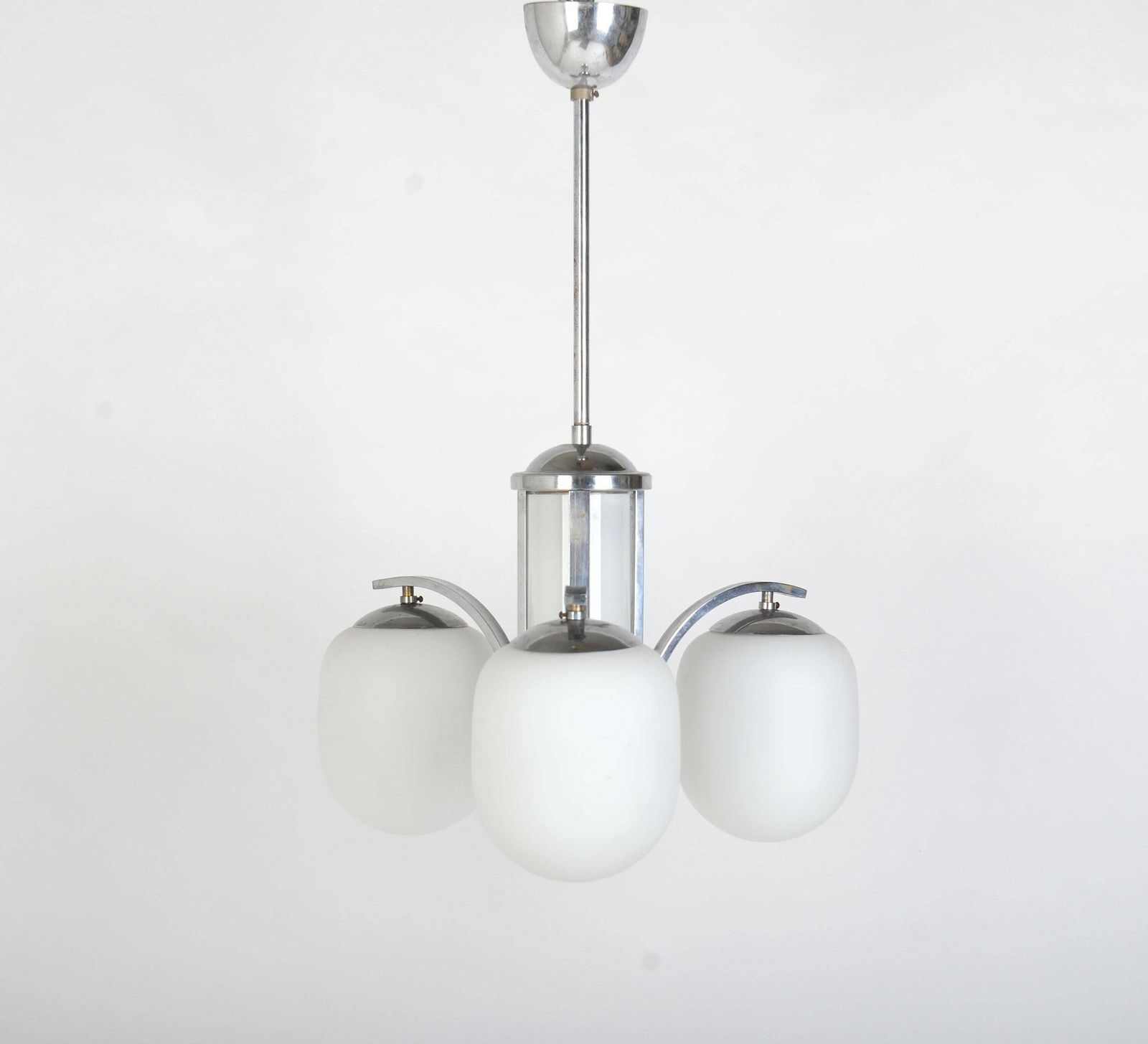 Art Deco Chrome   Plated Pendant Lamp With 3 Opaline Shades, 1930s Mid Century Chandelier, Retro Lighting photo for sale