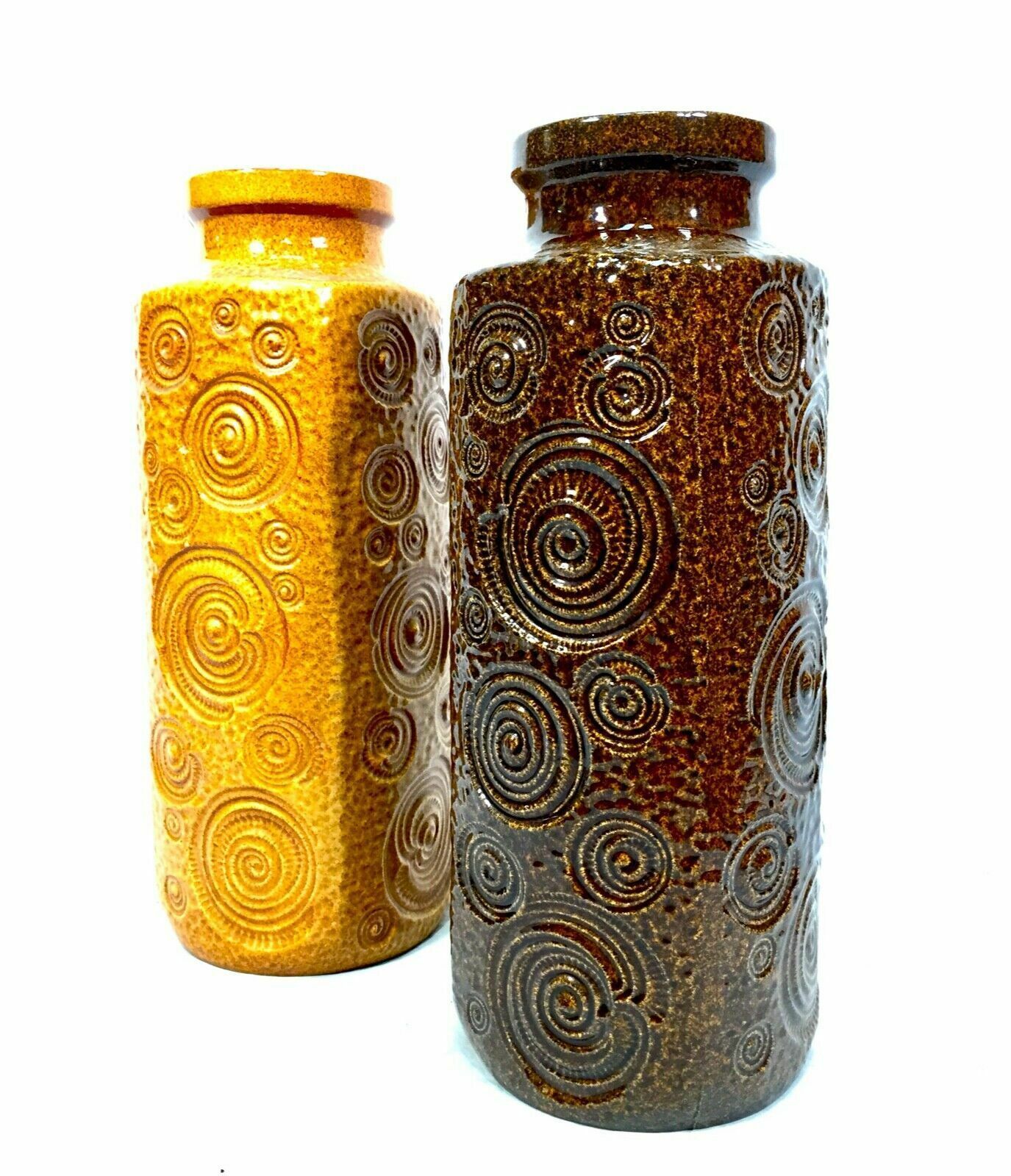Vintage West German Pottery Vase Pair / Large / Brown & Mustard / Retro 1970s photo furniture