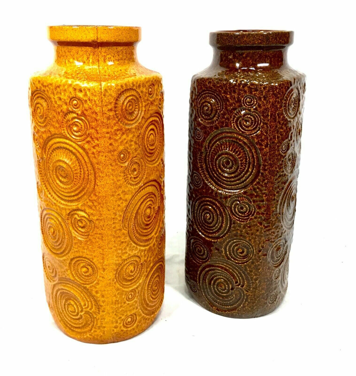 Vintage West German Pottery Vase Pair / Large / Brown & Mustard / Retro 1970s photo Home Decor