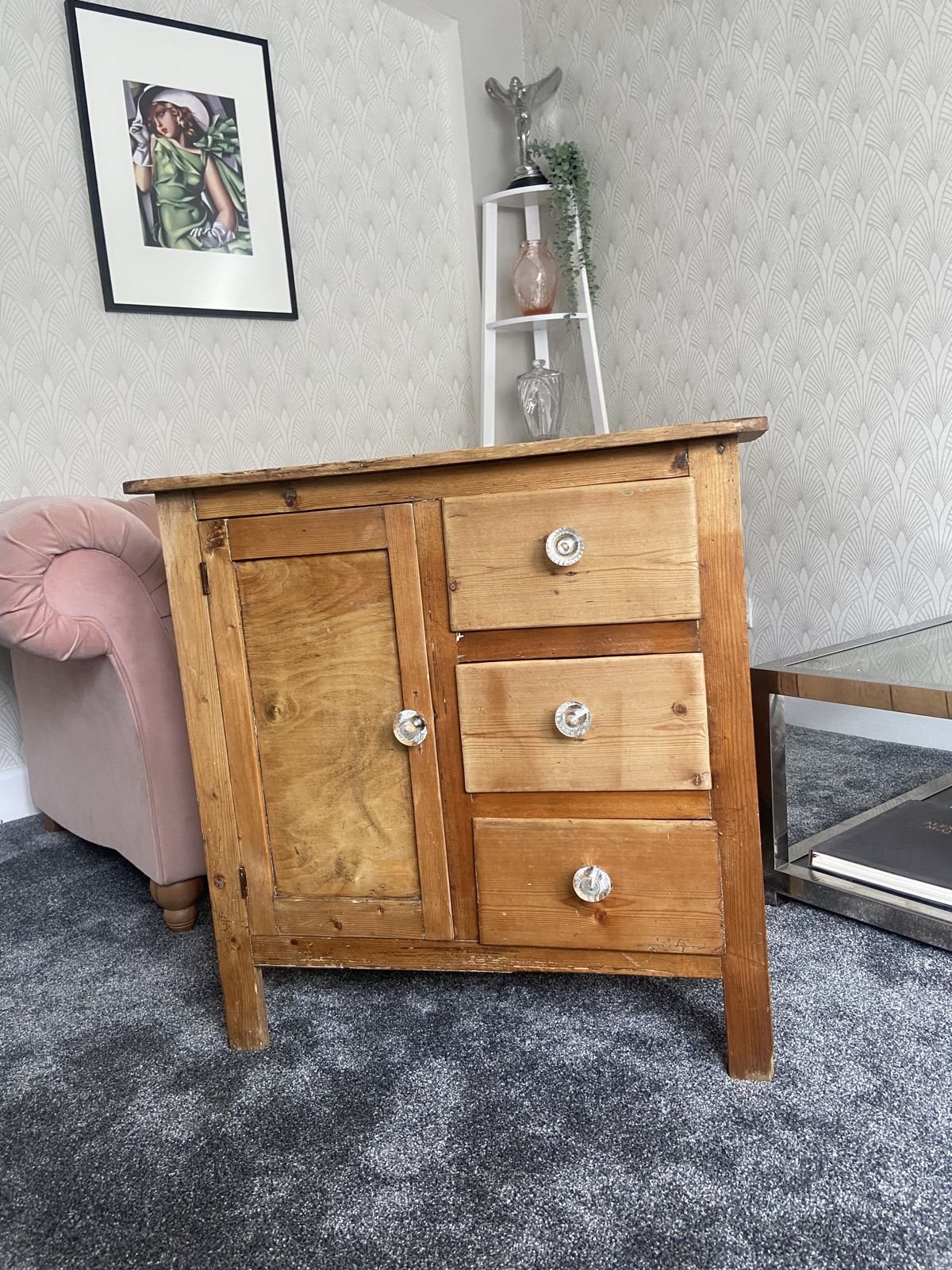 Small Antique Stripped Pine Cupboard And Drawers Country Style