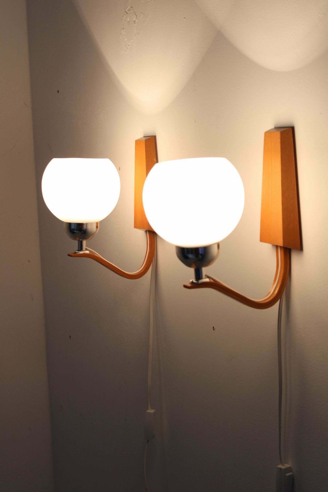 photo furniture 1960s Pair Of Wooden Wall Lamps With Glass Shades By Drevo Humpolec, Czechoslova