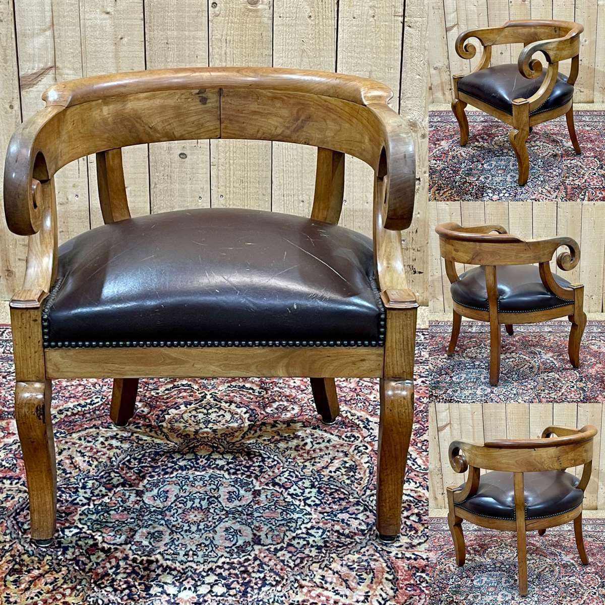19th Century French Armchair In Cherry Wood And Leather Seat photo for sale