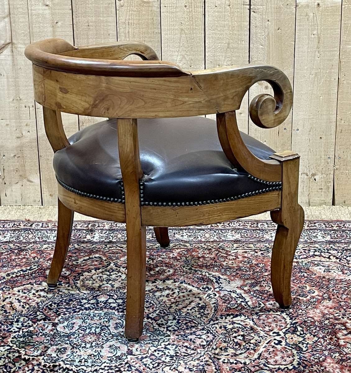 19th Century French Armchair In Cherry Wood And Leather Seat photo vintage