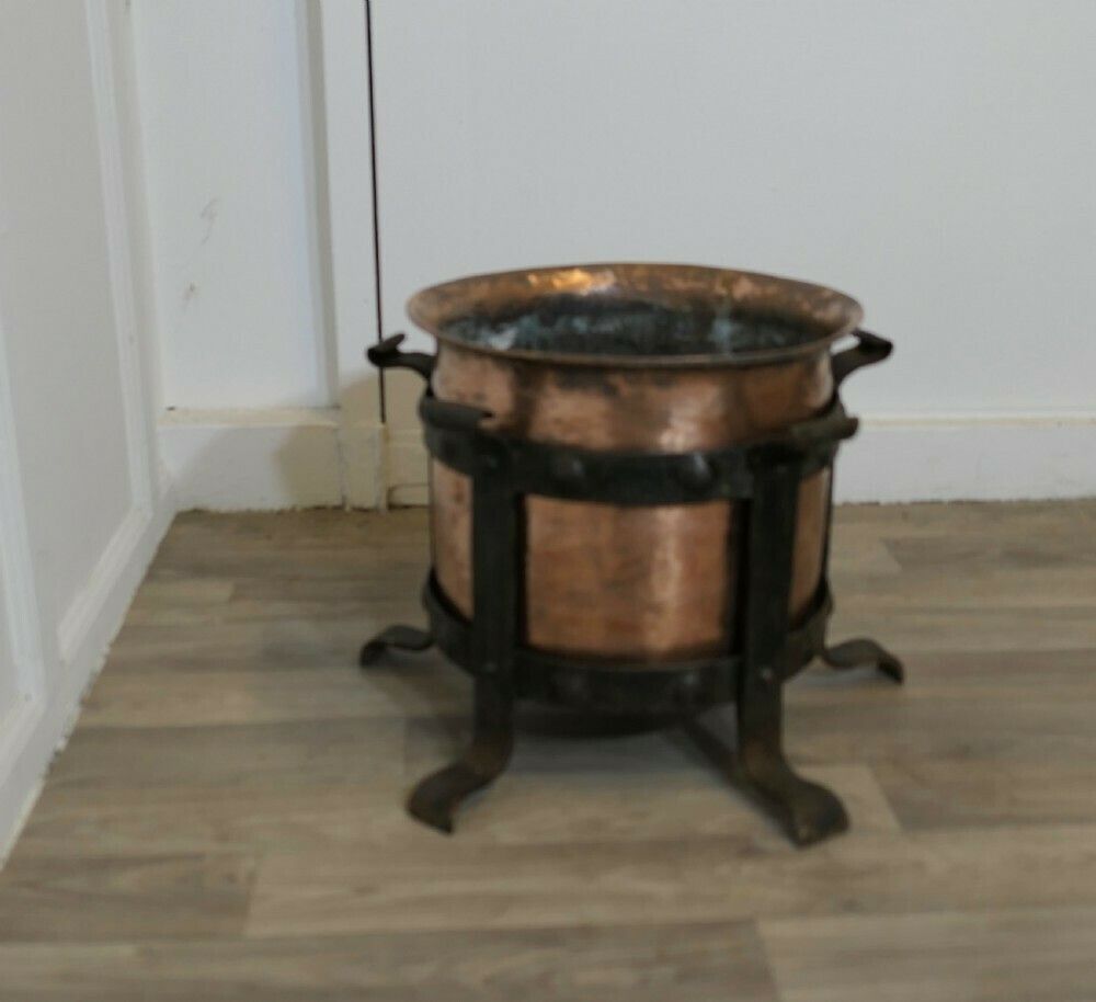 Heavy Arts And Crafts Copper And Wrought Iron Log Bin photo for sale