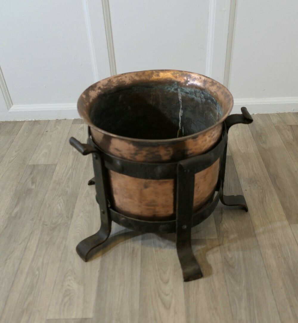 Heavy Arts And Crafts Copper And Wrought Iron Log Bin photo buy