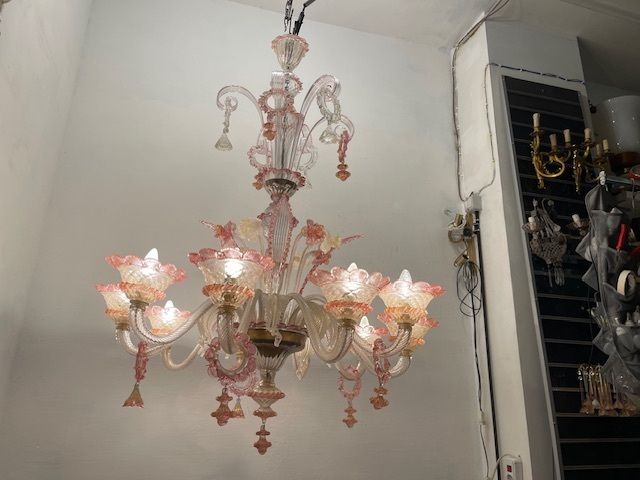 Large Venetian Pink Murano Glass Chandelier 1960’s photo for sale