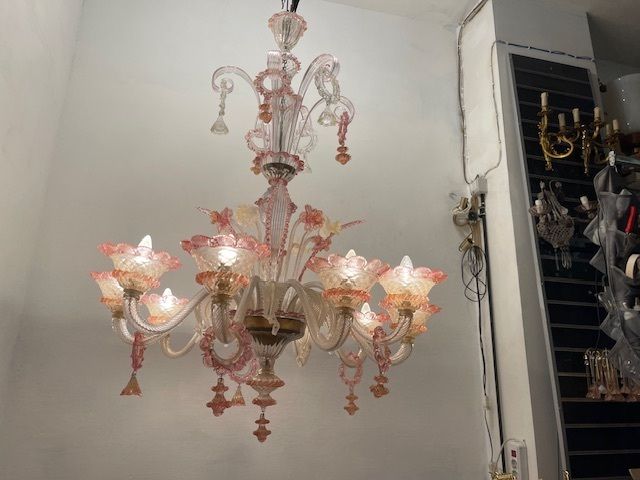 Lighting Large Venetian Pink Murano Glass Chandelier 1960’s photo