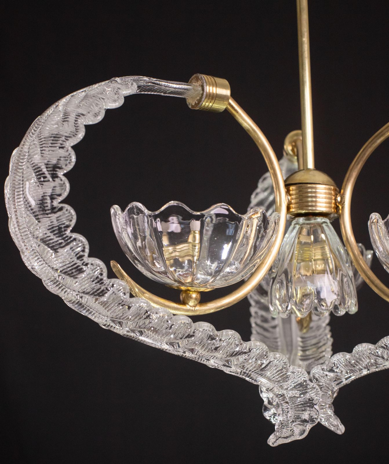 photo for sale Elegant 4 Light Art Deco Murano Glass And Brass Chandelier By Barovier