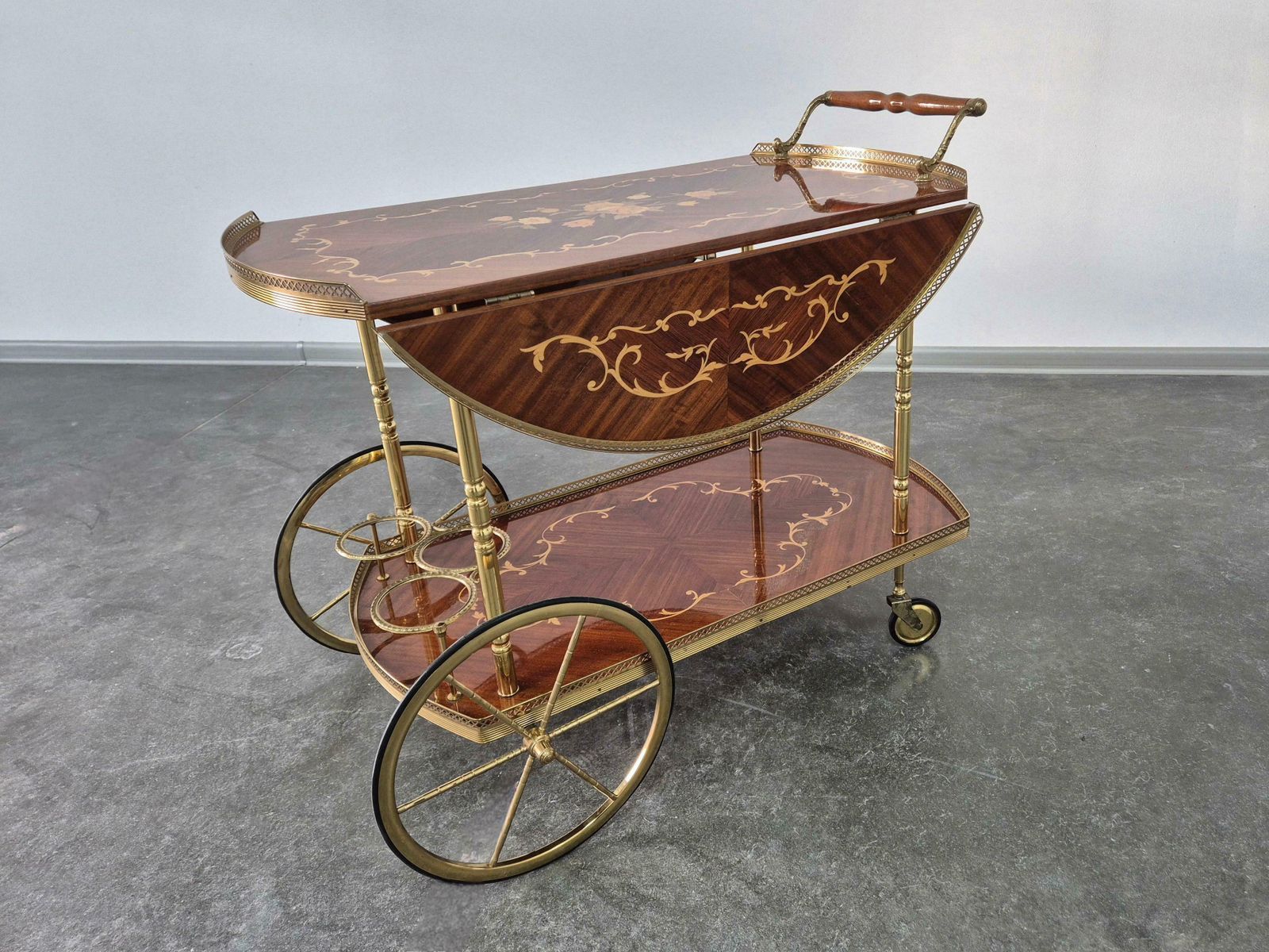 photo furniture Serving Drink Bar Cart Trolley With Side Flaps, Marquetry Inlays, 1970s.