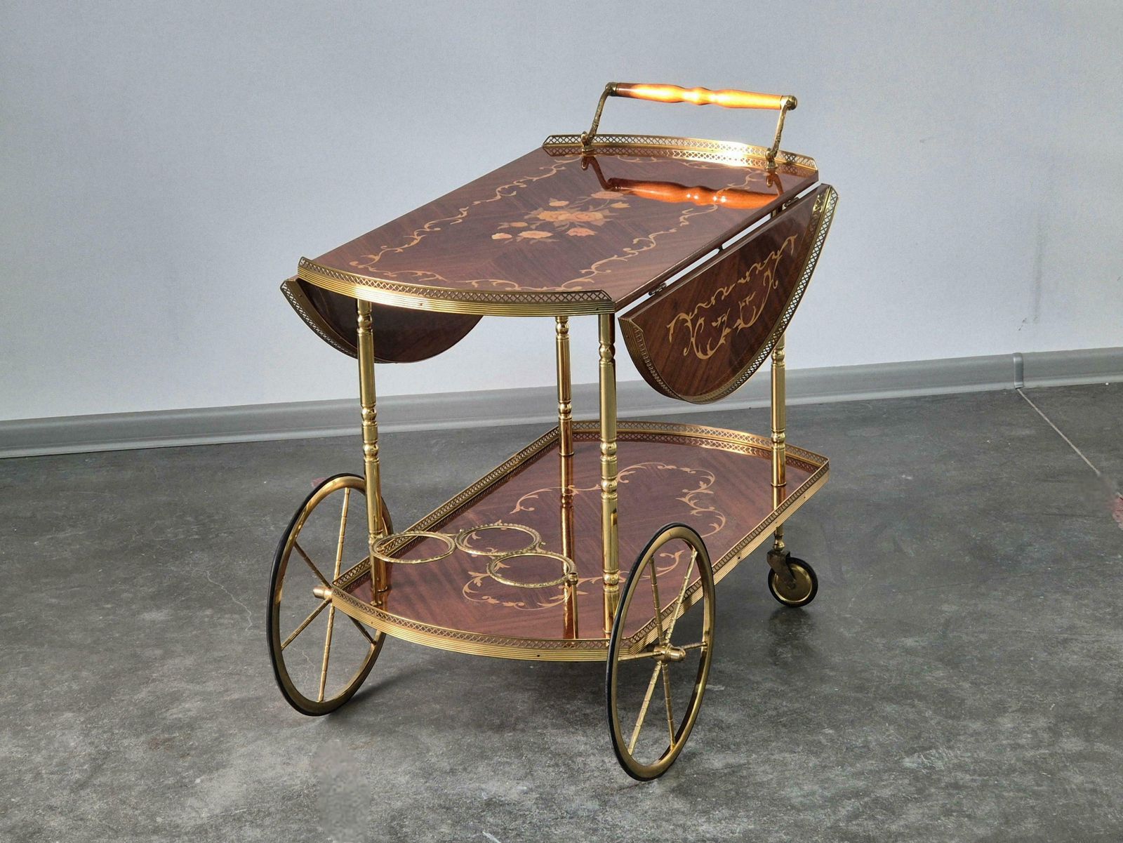 Furniture Serving Drink Bar Cart Trolley With Side Flaps, Marquetry Inlays, 1970s. photo