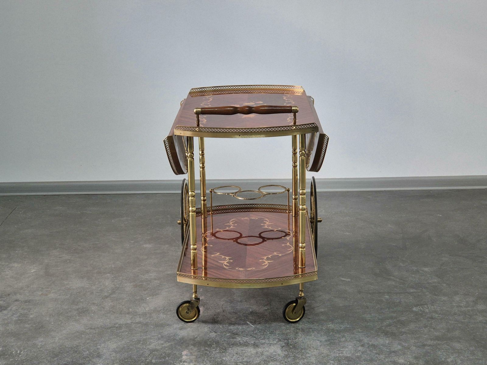 photo buy Serving Drink Bar Cart Trolley With Side Flaps, Marquetry Inlays, 1970s.