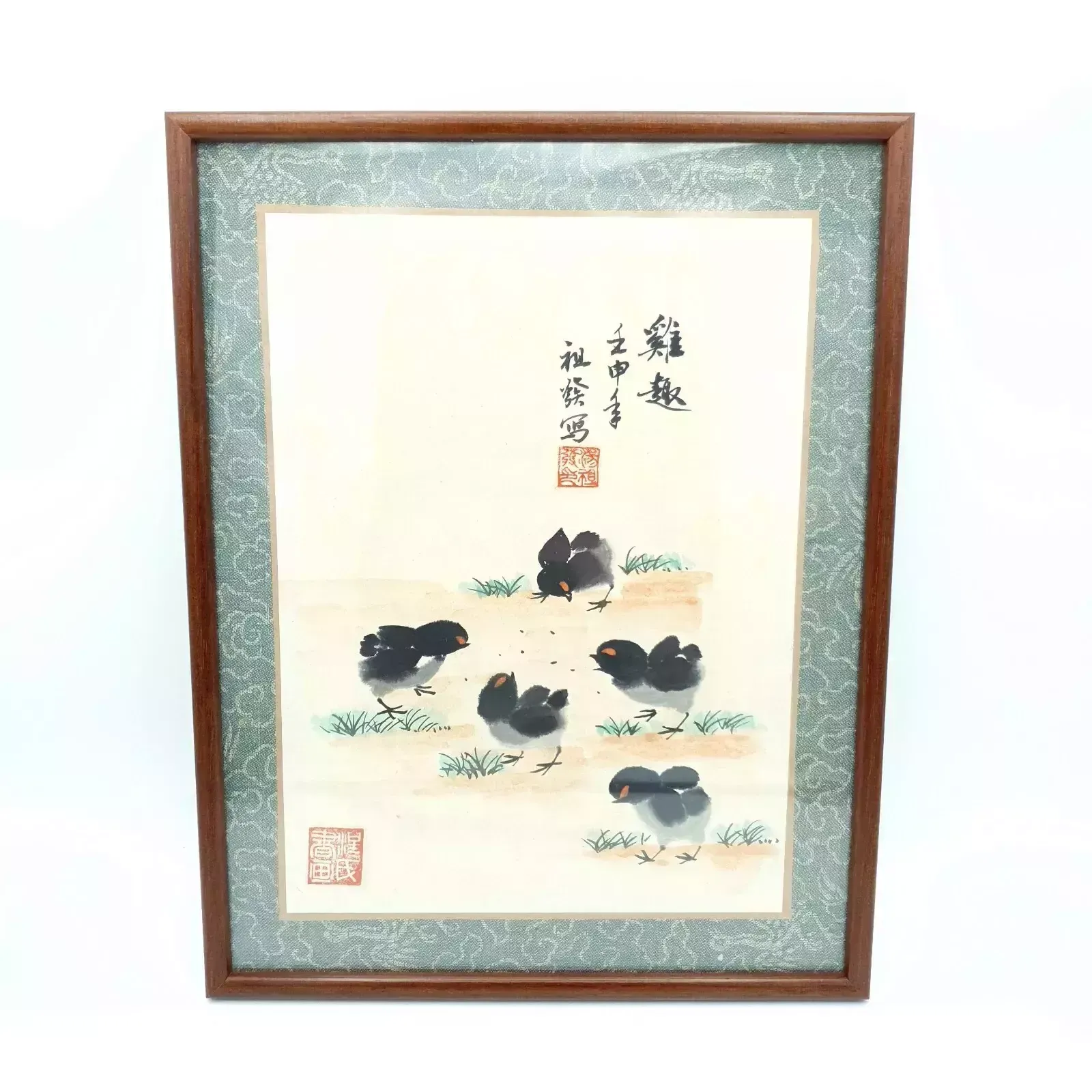Shikishi Watercolor Artwork Chinese Handmade Painting "Chicks" With Red Seals