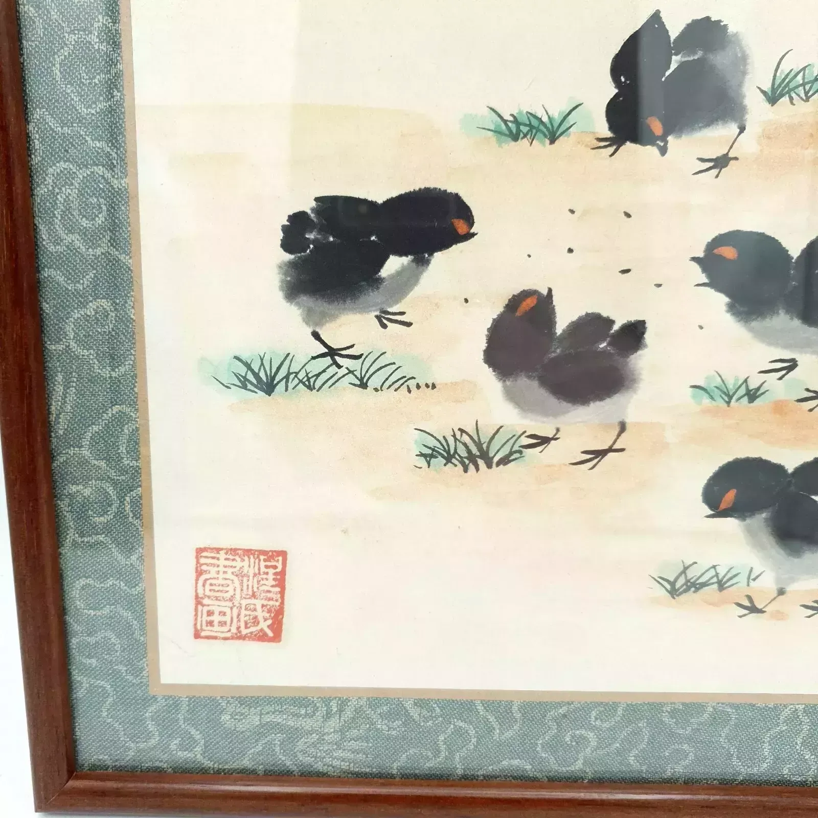 Shikishi Watercolor Artwork Chinese Handmade Painting "Chicks" With Red Seals photo vinterior