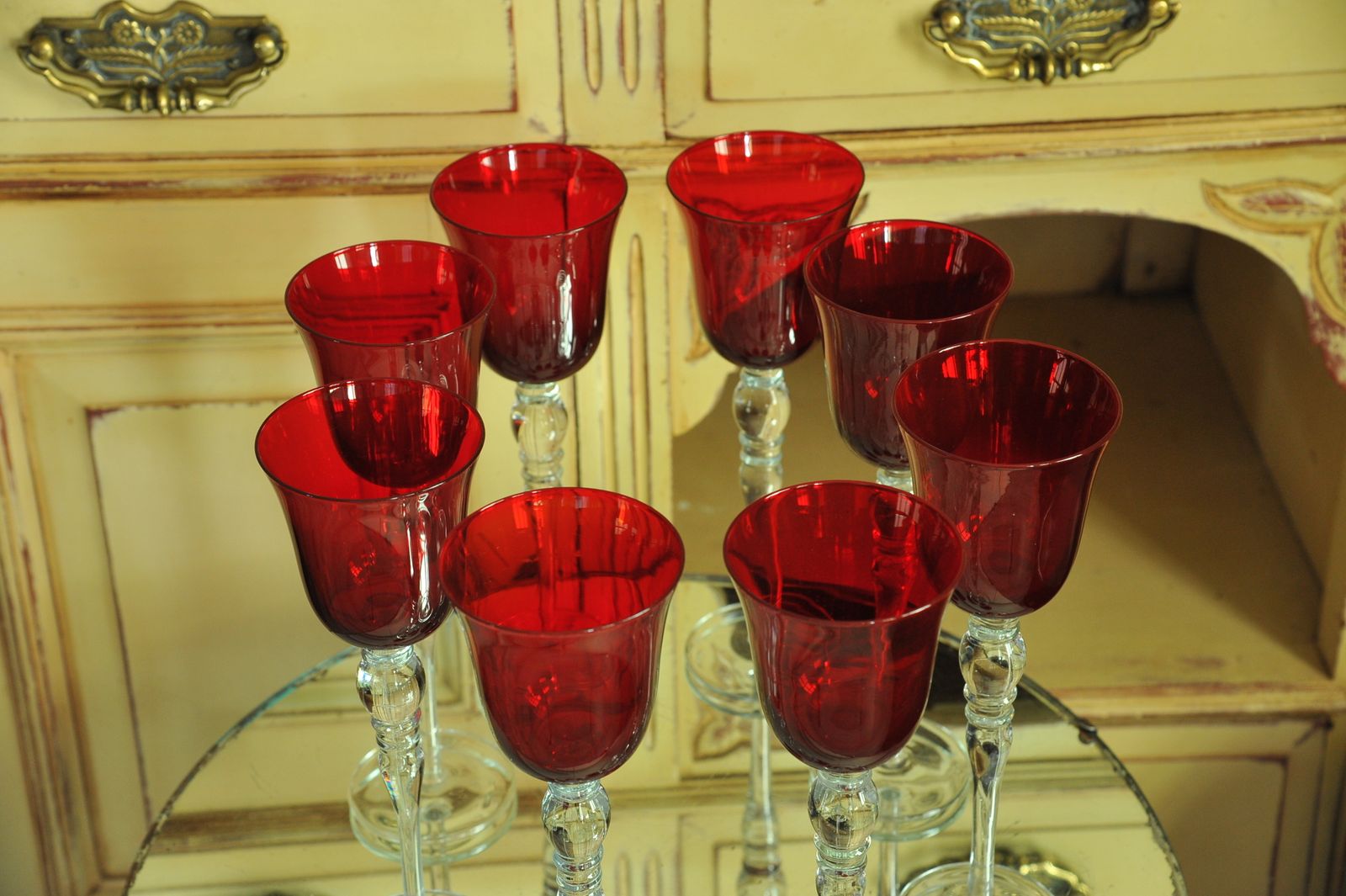 photo furniture A Luxury Set Of Eight Extremely Large Vintage Ruby Red Wine Glasses