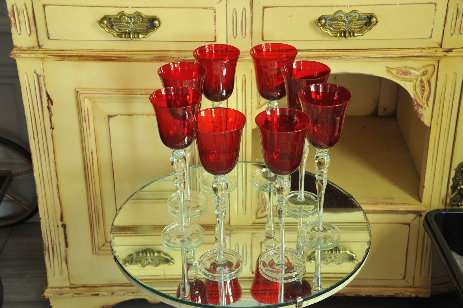 Home Decor A Luxury Set Of Eight Extremely Large Vintage Ruby Red Wine Glasses photo
