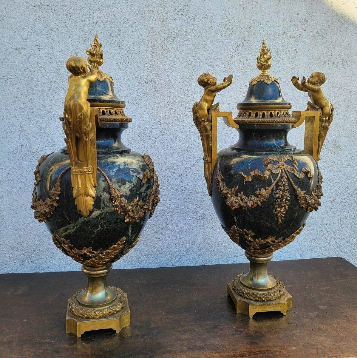 photo for sale Pair Of Large Bronze And Marble Cassolettes, Napoleon III, 19th Century