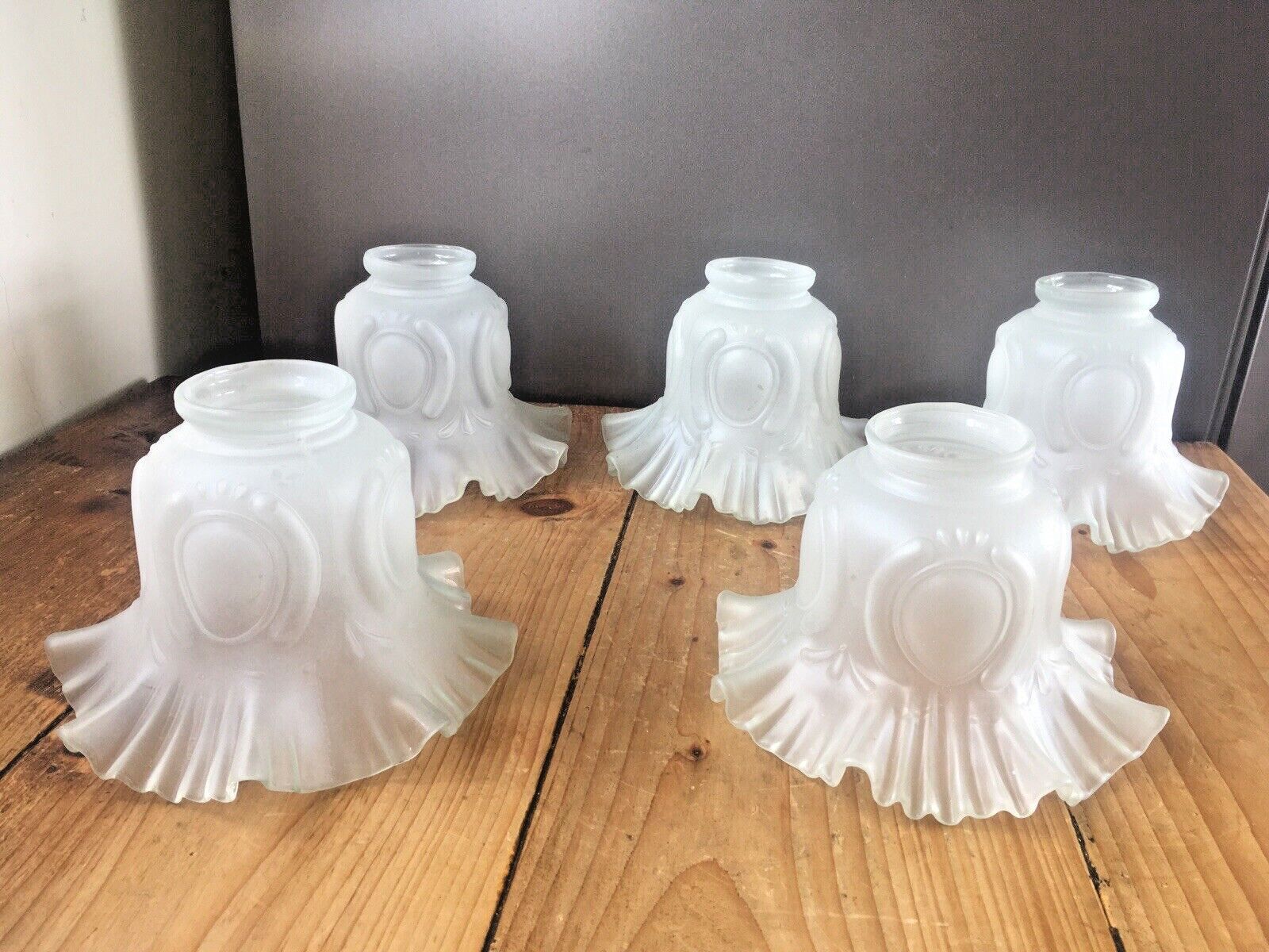 photo for sale 1 Antique Art Nouveau Frosted Satin Glass Ruffled Crimped Edge Light Shade Deco