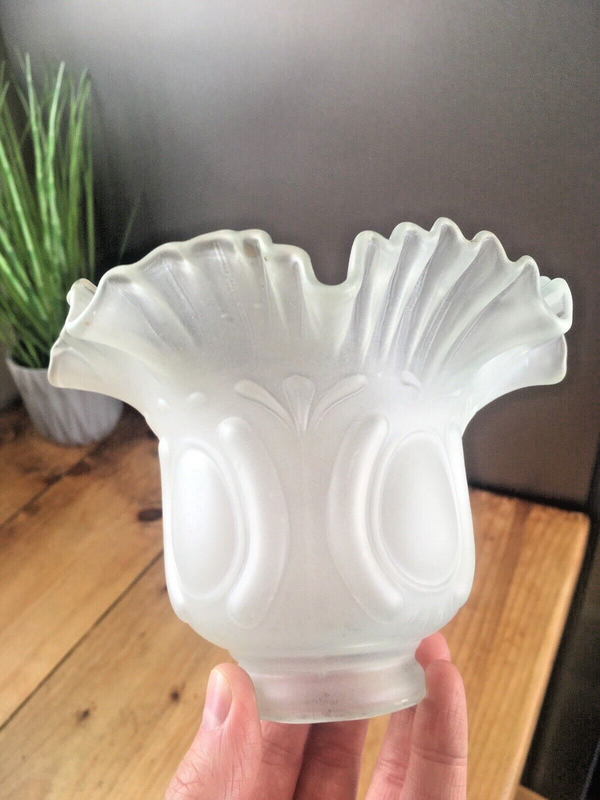 photo vintage 1 Antique Art Nouveau Frosted Satin Glass Ruffled Crimped Edge Light Shade Deco