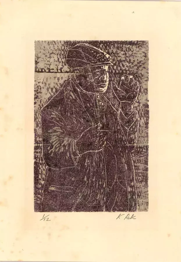 Karel Lek (1929 2020)   Mid 20th Century Linoprint, Old Man Smoking photo furniture