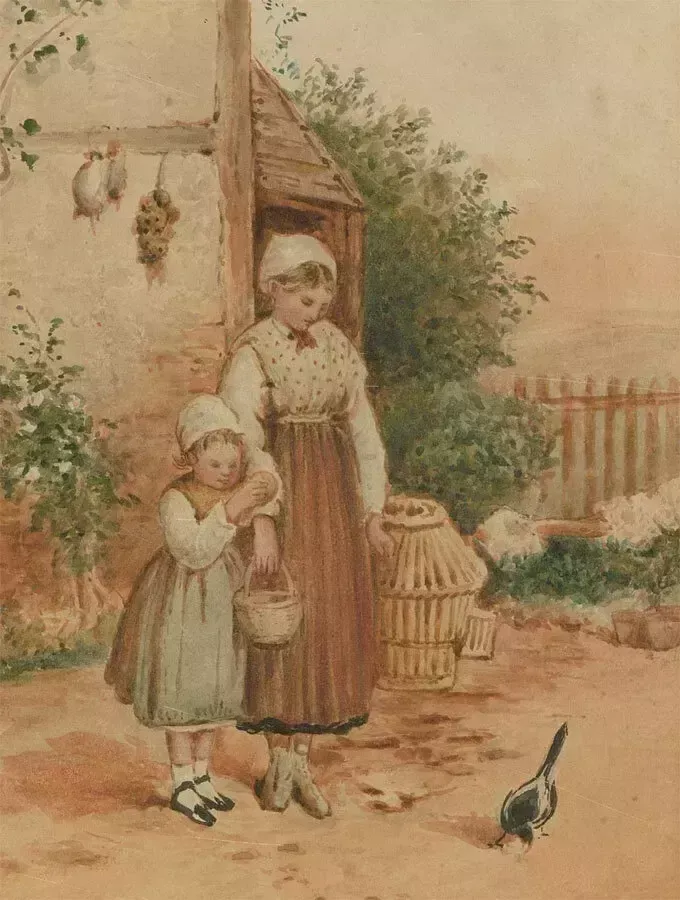 Early 20th Century Watercolour   Cottage View With Two Young Girls photo furniture