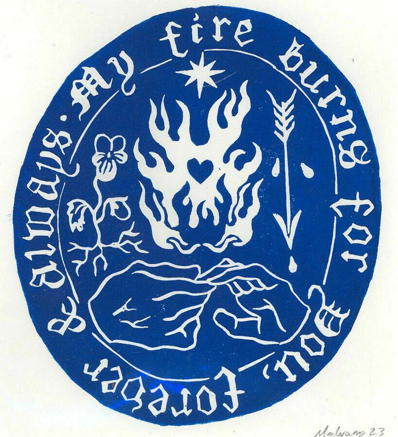 Isabelle Mulvany   2023 Linoprint, My Fire Burns For You (Blue)