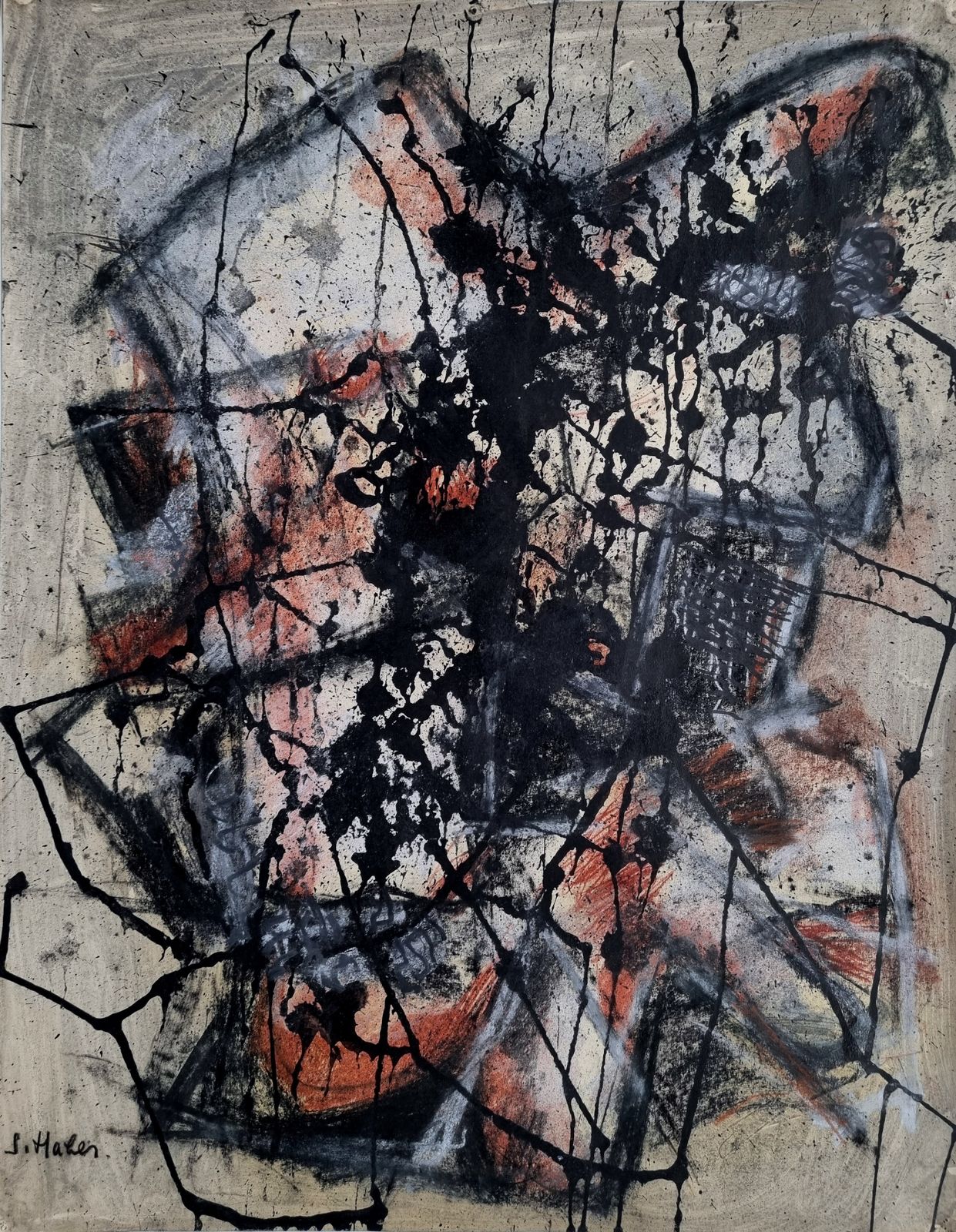 Shamai Haber   Untitled Abstract (Mixed Media Painting) Mid Century Modern Polish Israeli Art