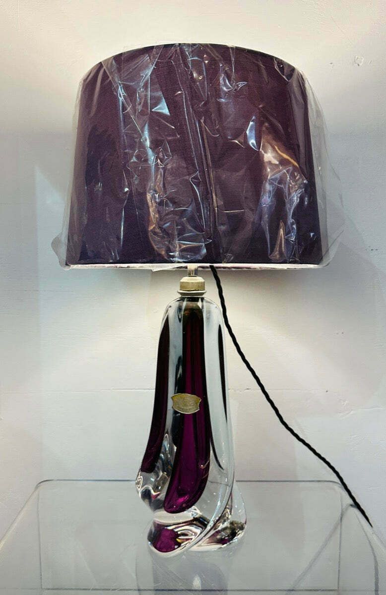 1950s Val St Lambert Purple & Clear Crystal Glass Table Lamp photo for sale