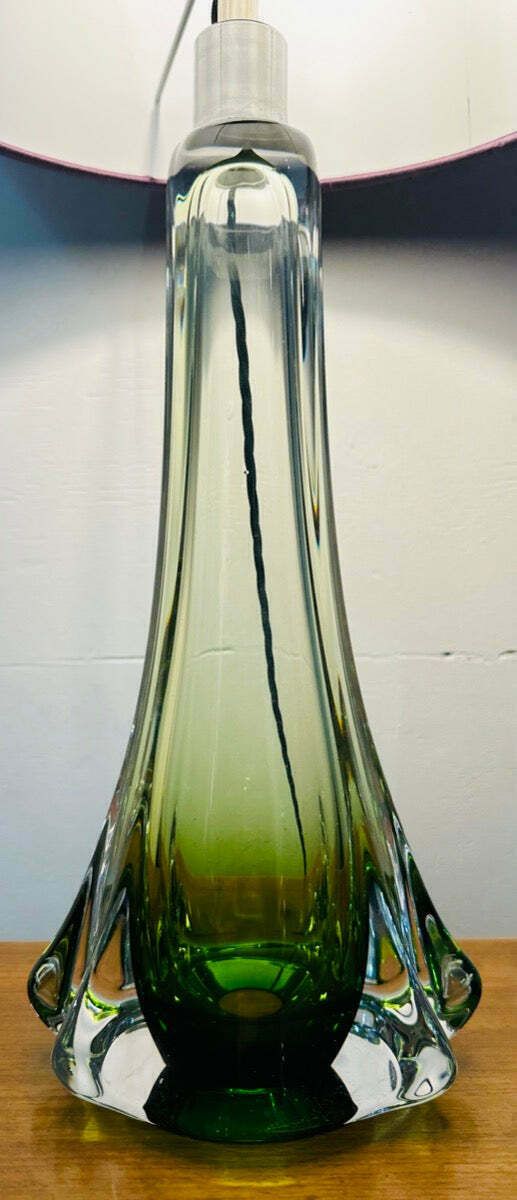 1950s Belgium Val Saint Lambert Green & Clear Crystal Glass Table Lamp Signed photo furniture
