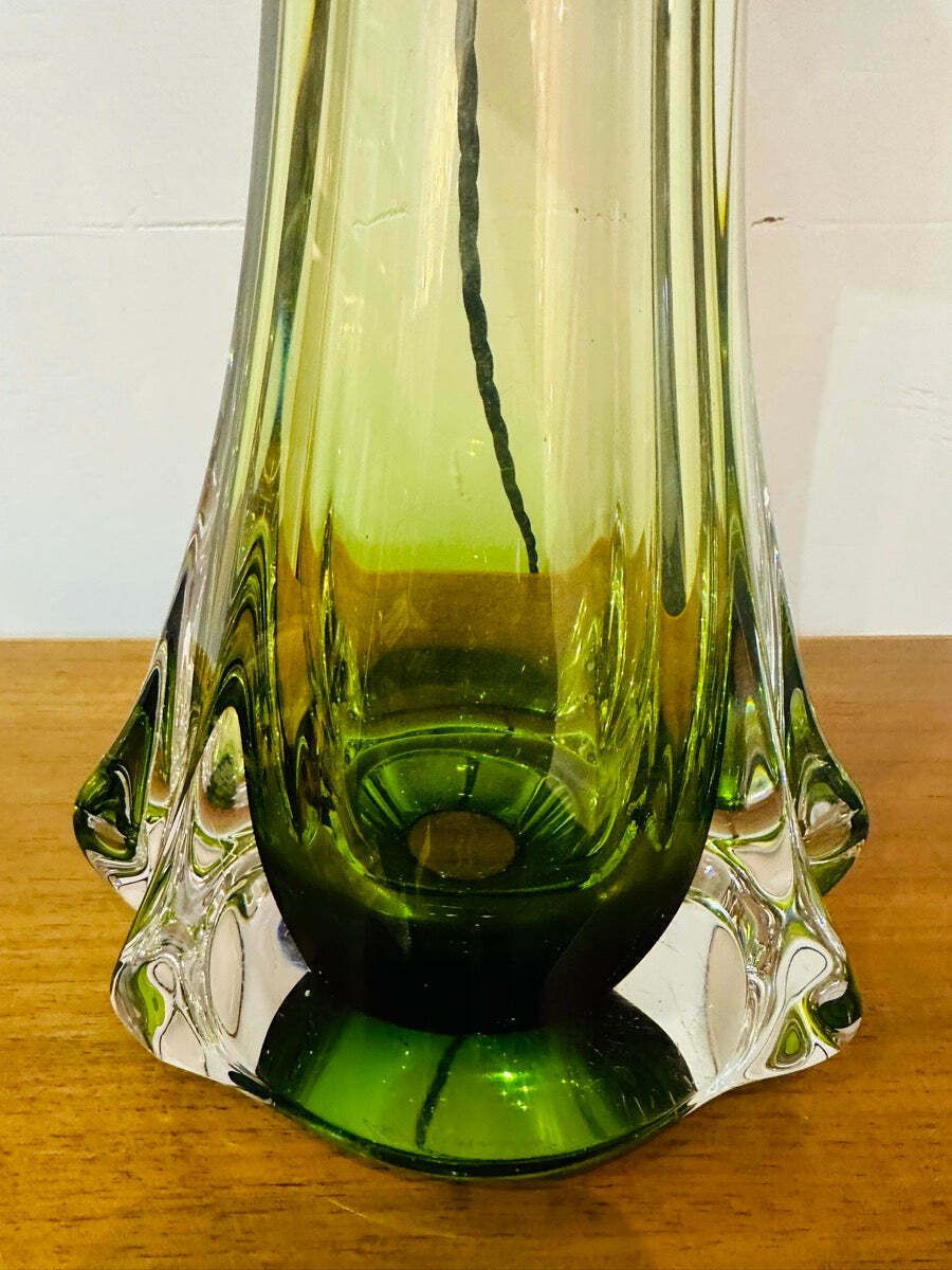 1950s Belgium Val Saint Lambert Green & Clear Crystal Glass Table Lamp Signed photo vintage