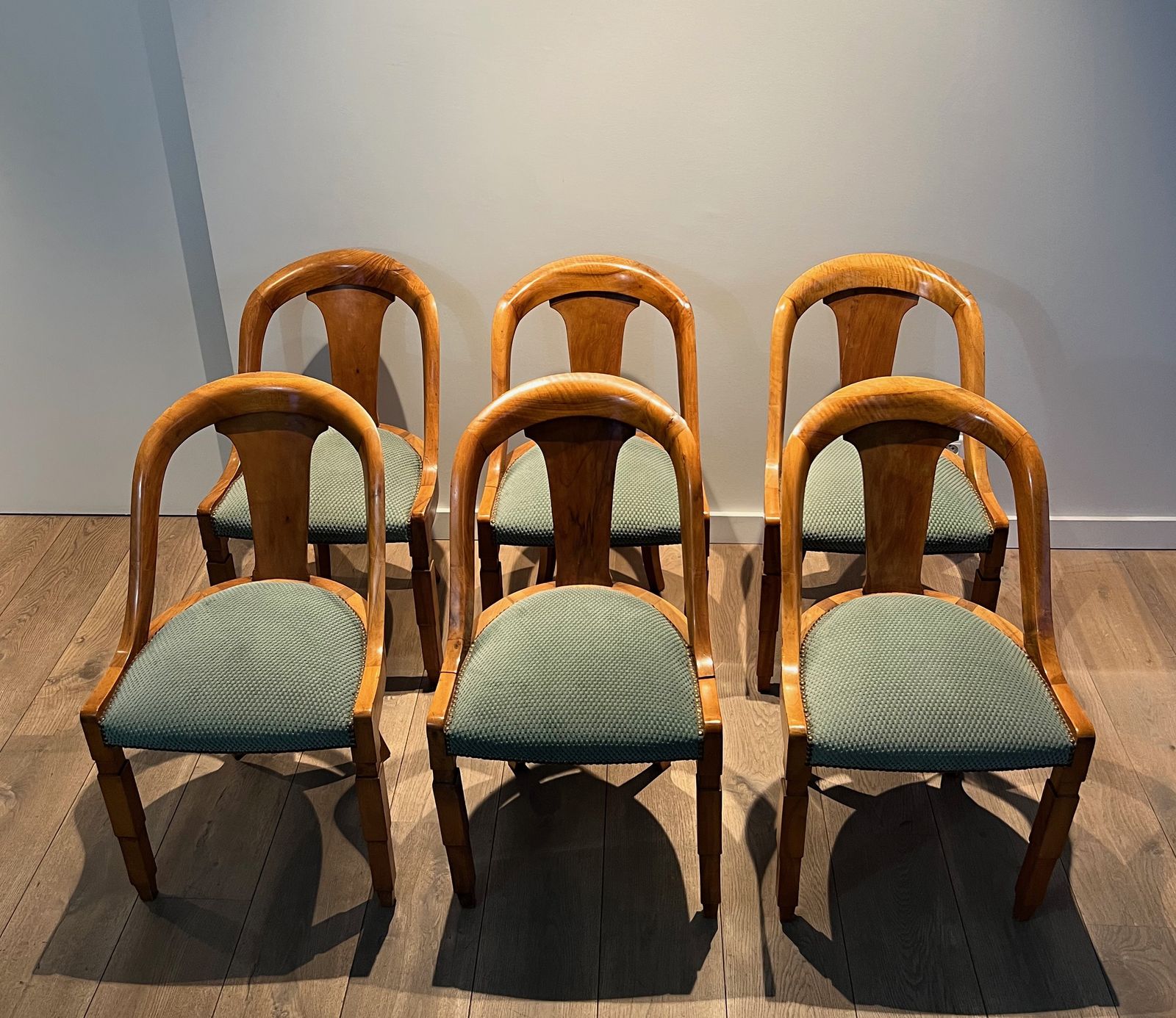 Set Of 6 Art Deco Period Walnut Gondola Chairs photo for sale
