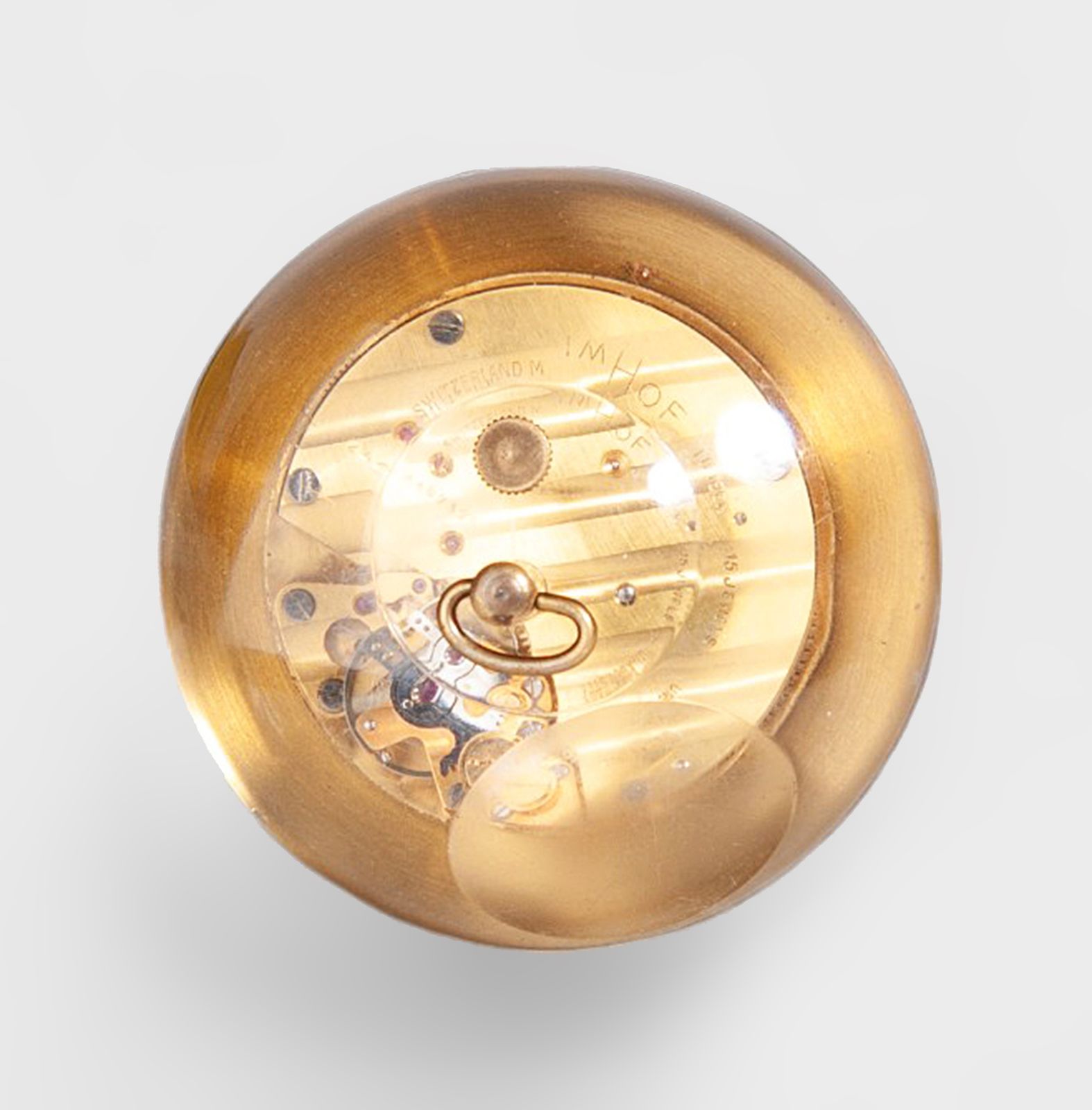 1960s Mid Century Modern Lucite And Gilt Brass Sphere/Ball Paperweight Clock With 15 Jewel Wind Up Movement By Swiss Clockmaker Arthur Imhof photo Home Decor