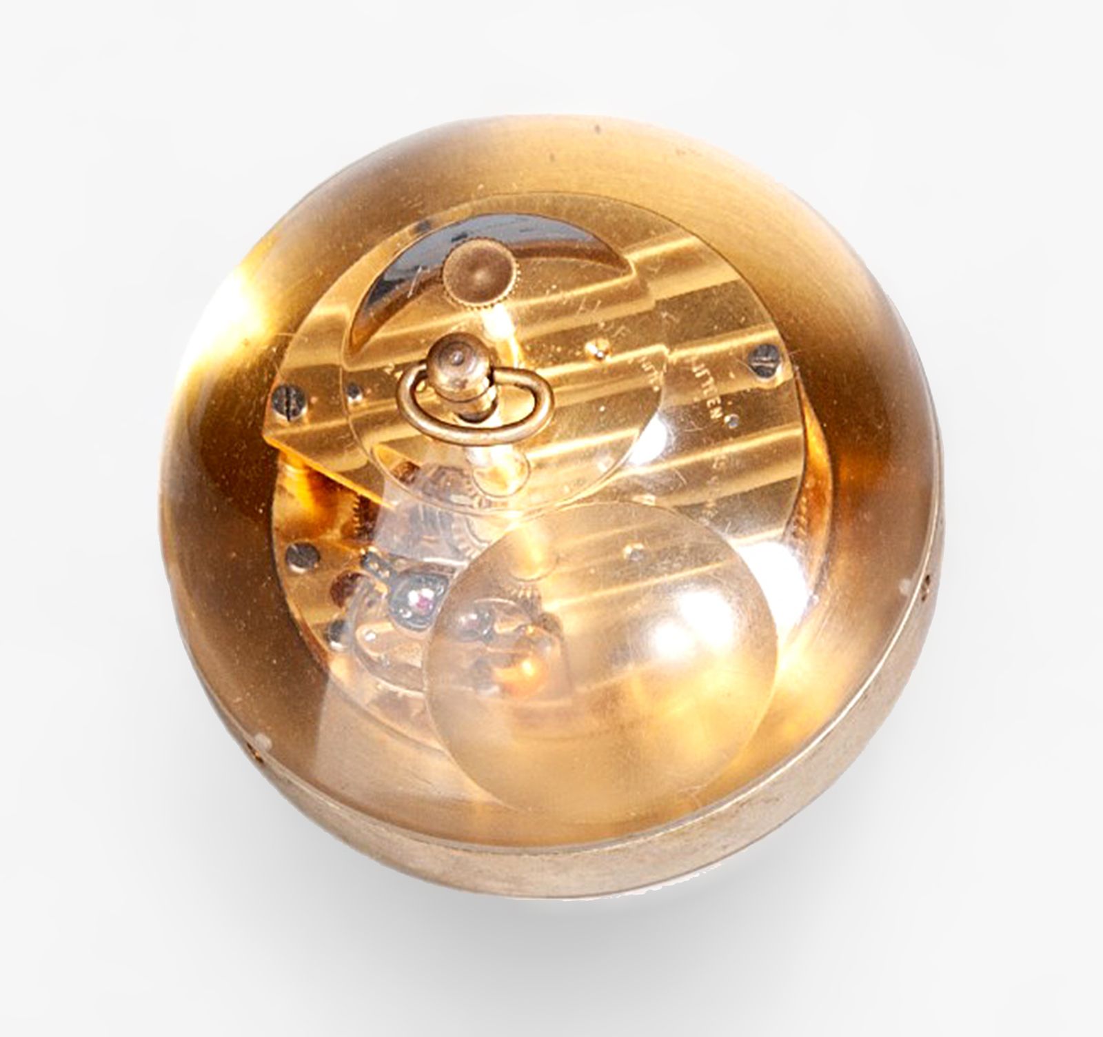 1960s Mid Century Modern Lucite And Gilt Brass Sphere/Ball Paperweight Clock With 15 Jewel Wind Up Movement By Swiss Clockmaker Arthur Imhof photo vinterior