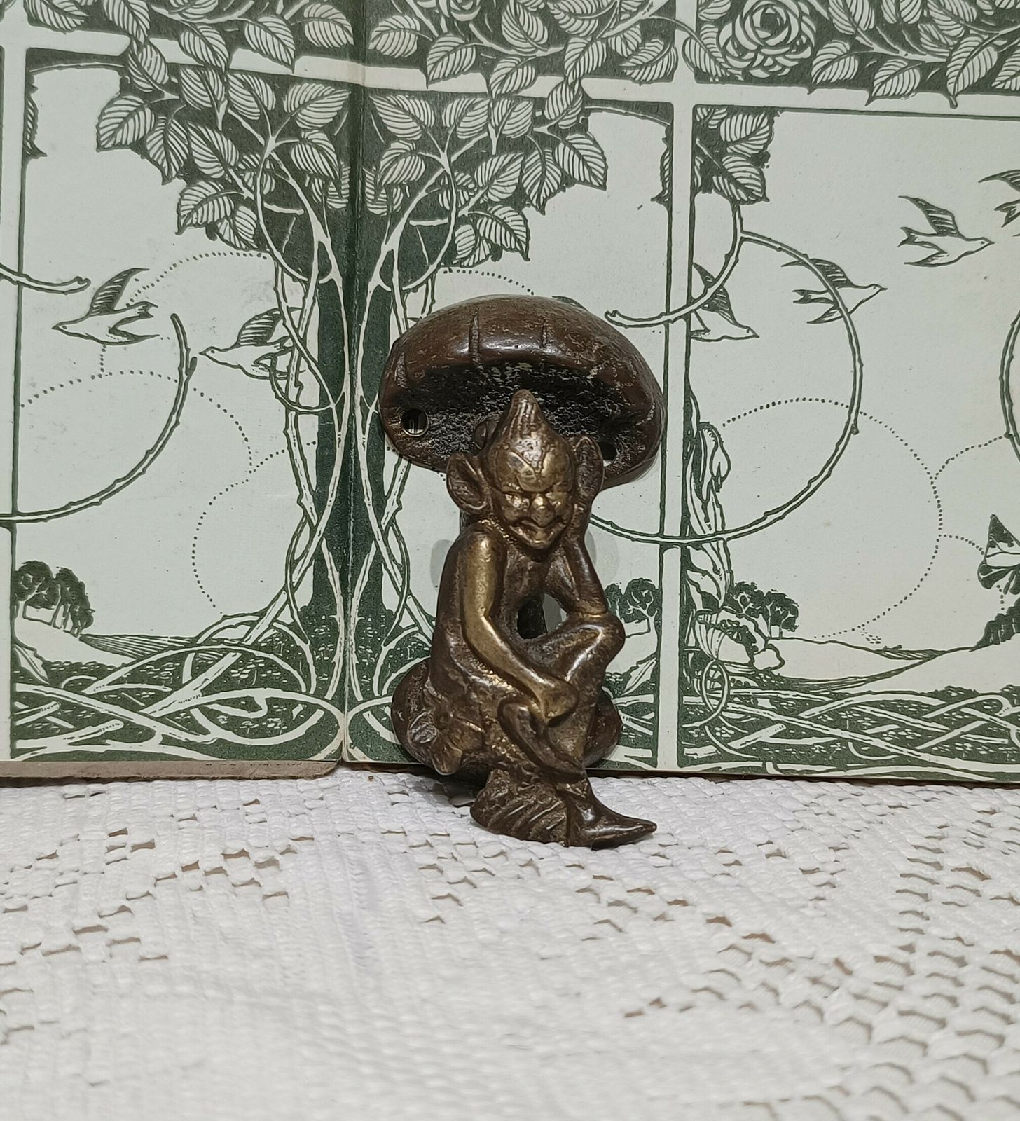 Cast Brass Pixie Figure Under Toadstool Door Knocker,Bronze Gold Tone . photo for sale