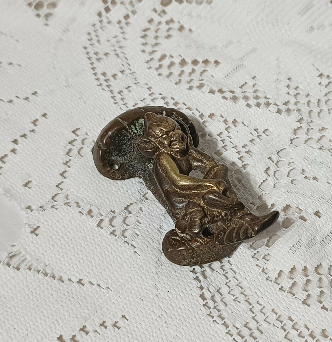 Cast Brass Pixie Figure Under Toadstool Door Knocker,Bronze Gold Tone . photo Home Fixtures