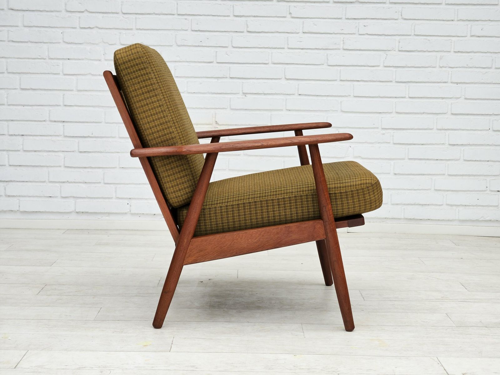 Deense Teakhouten Fauteuil, Ca. Jaren 1970, Groene Meubelstof, Goede Staat. photo 1190.0